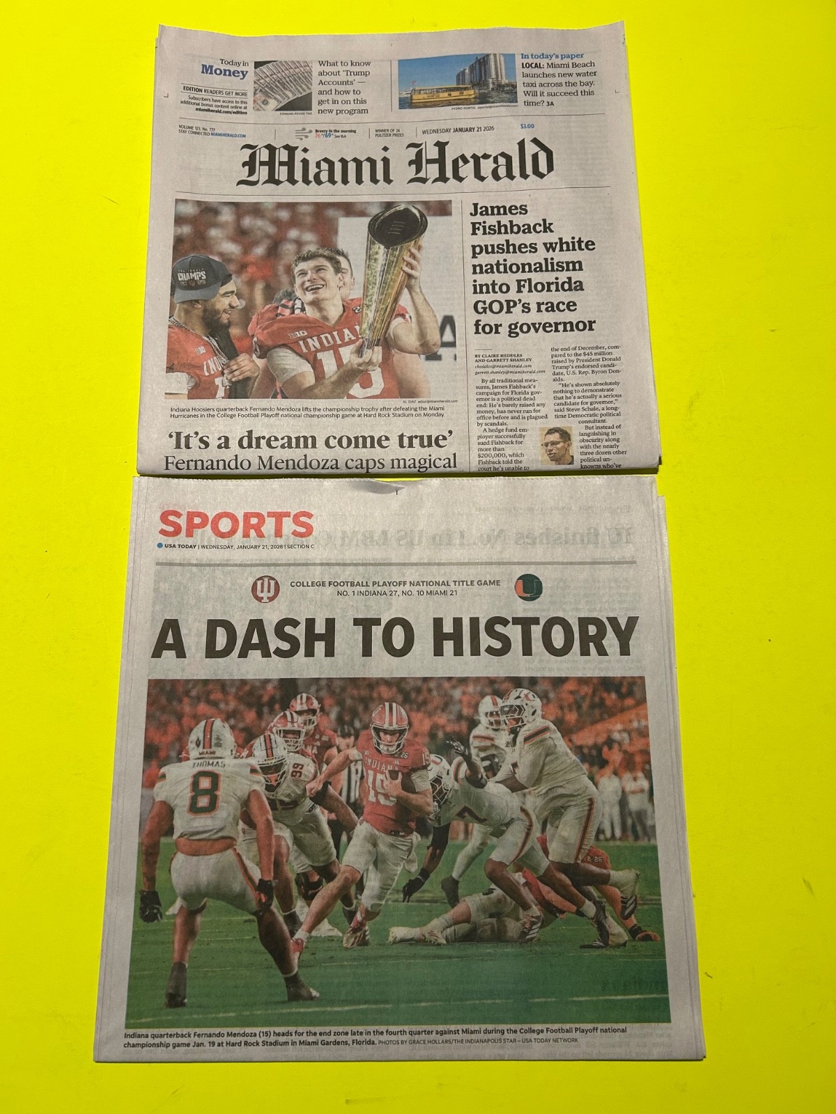 USA Today & Miami Herald INDIANA HOOSIERS FERNANDO MENDOZA LOT OF 2 FROM 1/21/26 USA Today & Miami Herald INDIANA HOOSIERS FERNANDO MENDOZA LOT OF 2 FROM 1/21/26