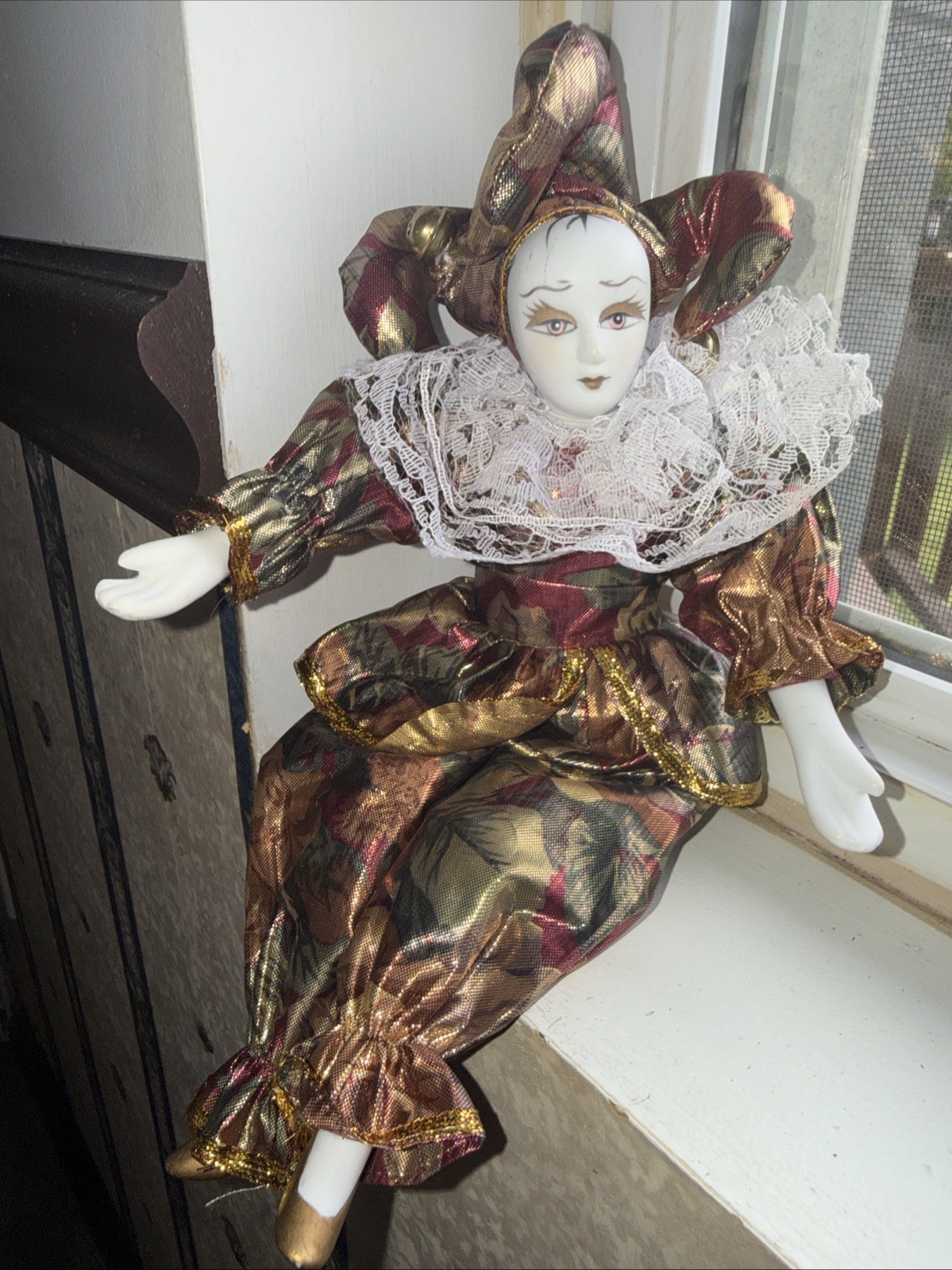 Vintage Porcelain Harlequin JesterClown Doll Purple/Gold Shelf Sitter Vintage Porcelain Harlequin JesterClown Doll Purple/Gold Shelf Sitter