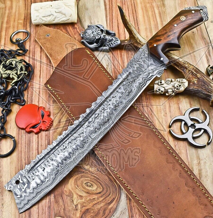 Custom Hand Forged Damascus Steel Full Tang Knife Walnut Wood Survival W/Sheath