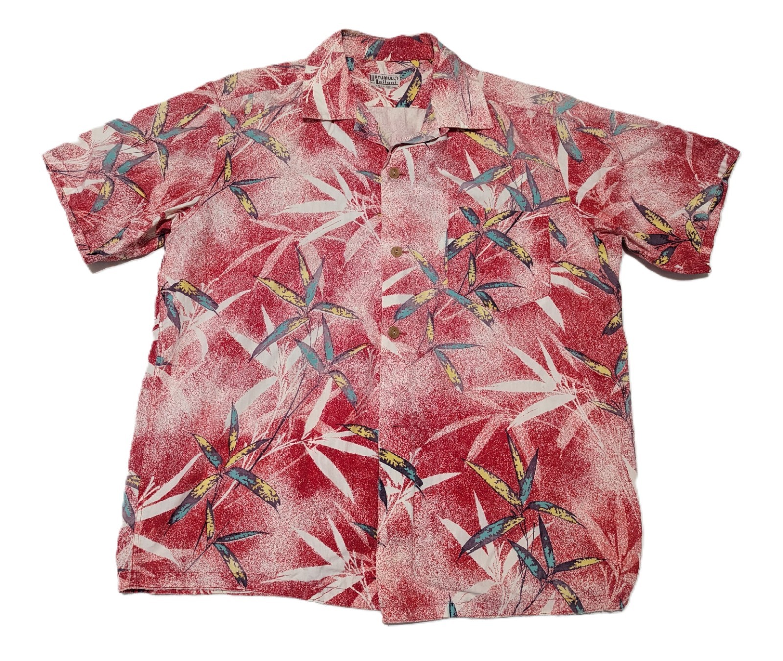 Vintage 1950s Watumulls Leilani Hawaiian Shirt Cotton Bamboo Red Aloha 50s sz L