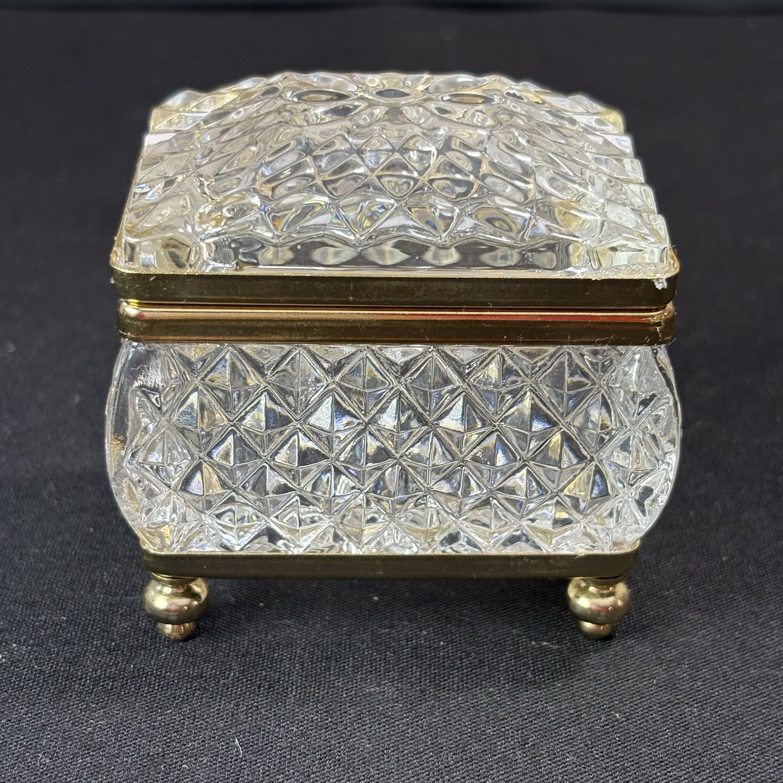 Vintage French Cut Lead Crystal Brass Vanity Jewelry Trinket Casket Box Hand Cut Vintage French Cut Lead Crystal Brass Vanity Jewelry Trinket Casket Box Hand Cut