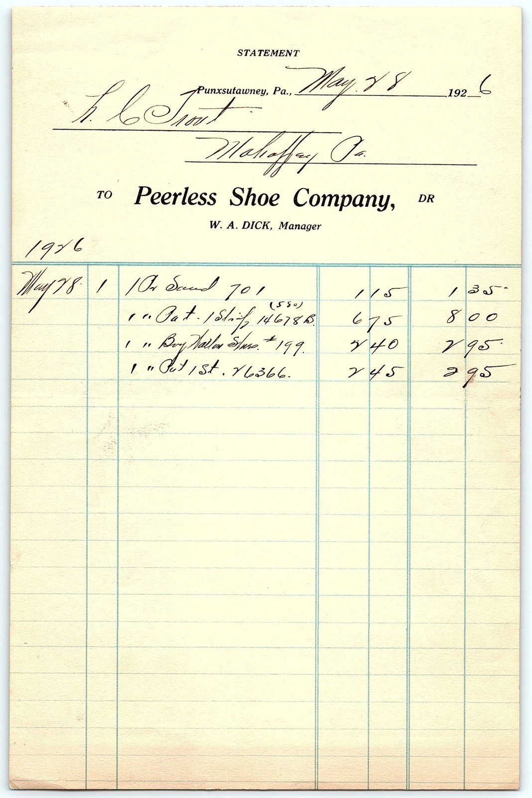 1926 Punxsutawney PA Peerless Shoe Co. Billhead