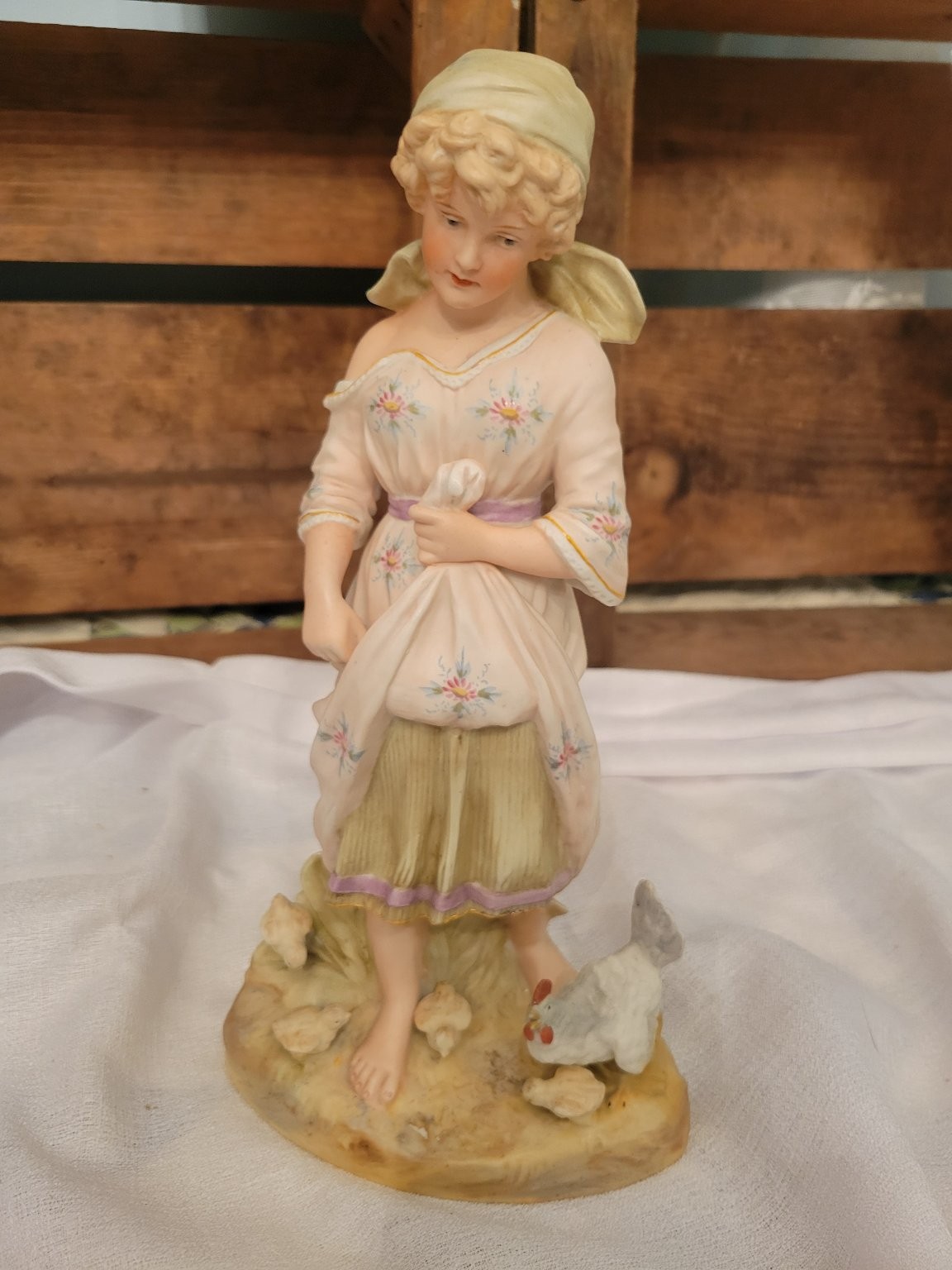 Antique Gebrüder Heubach Porcelain Bisque Figurine Feeding Chickens German