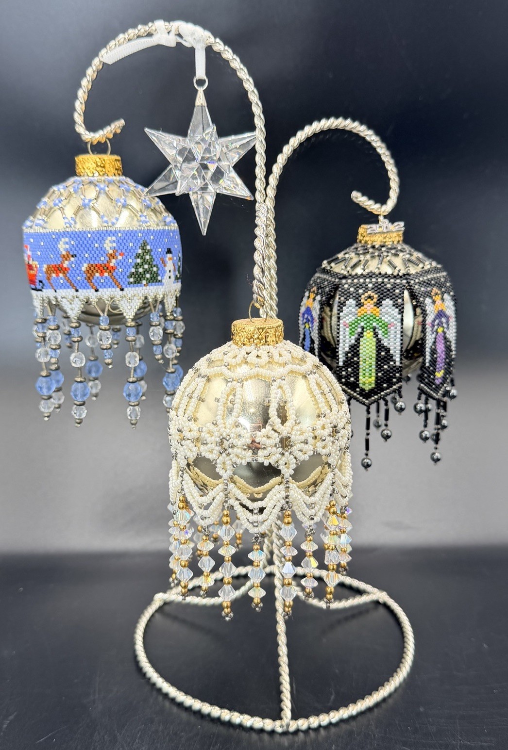 RARE VTG 80s Handmade Beaded Overlay Glass Christmas Ornaments Santa Angel RARE VTG 80s Handmade Beaded Overlay Glass Christmas Ornaments Santa Angel