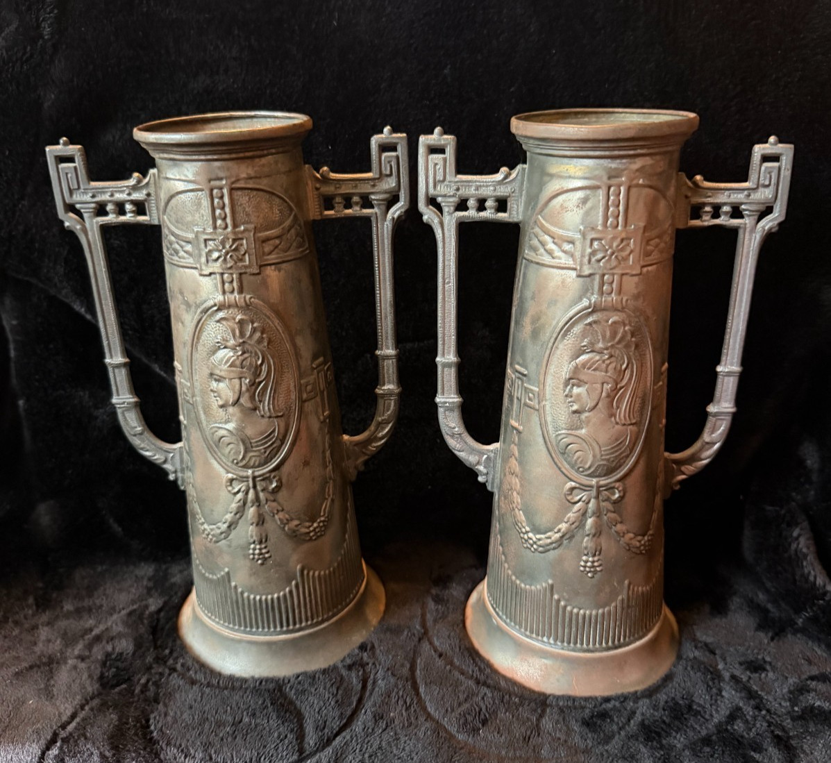 Antique German Art Nouveau Jugendstil Metal Vases Classical Revival Pair 10 Antique German Art Nouveau Jugendstil Metal Vases Classical Revival Pair 10