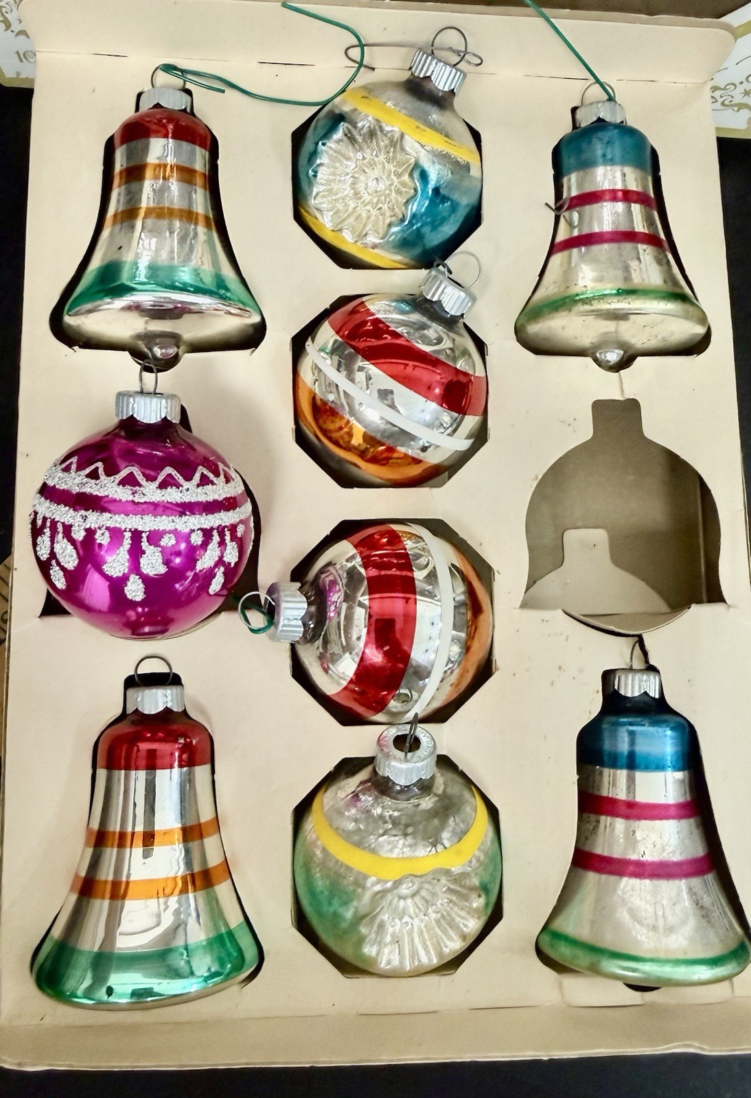 Vintage 1950s Shiny Brite Set 9 Glass Ornaments Striped Balls Bells w/Box Mica Vintage 1950s Shiny Brite Set 9 Glass Ornaments Striped Balls Bells w/Box Mica