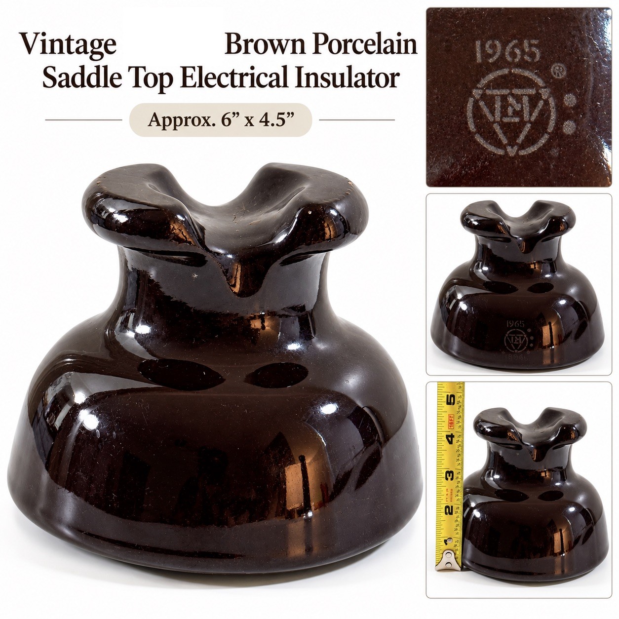Vintage Large 1965 Brown Porcelain Electrical Insulator Saddle Top Marked Logo Vintage Large 1965 Brown Porcelain Electrical Insulator Saddle Top Marked Logo