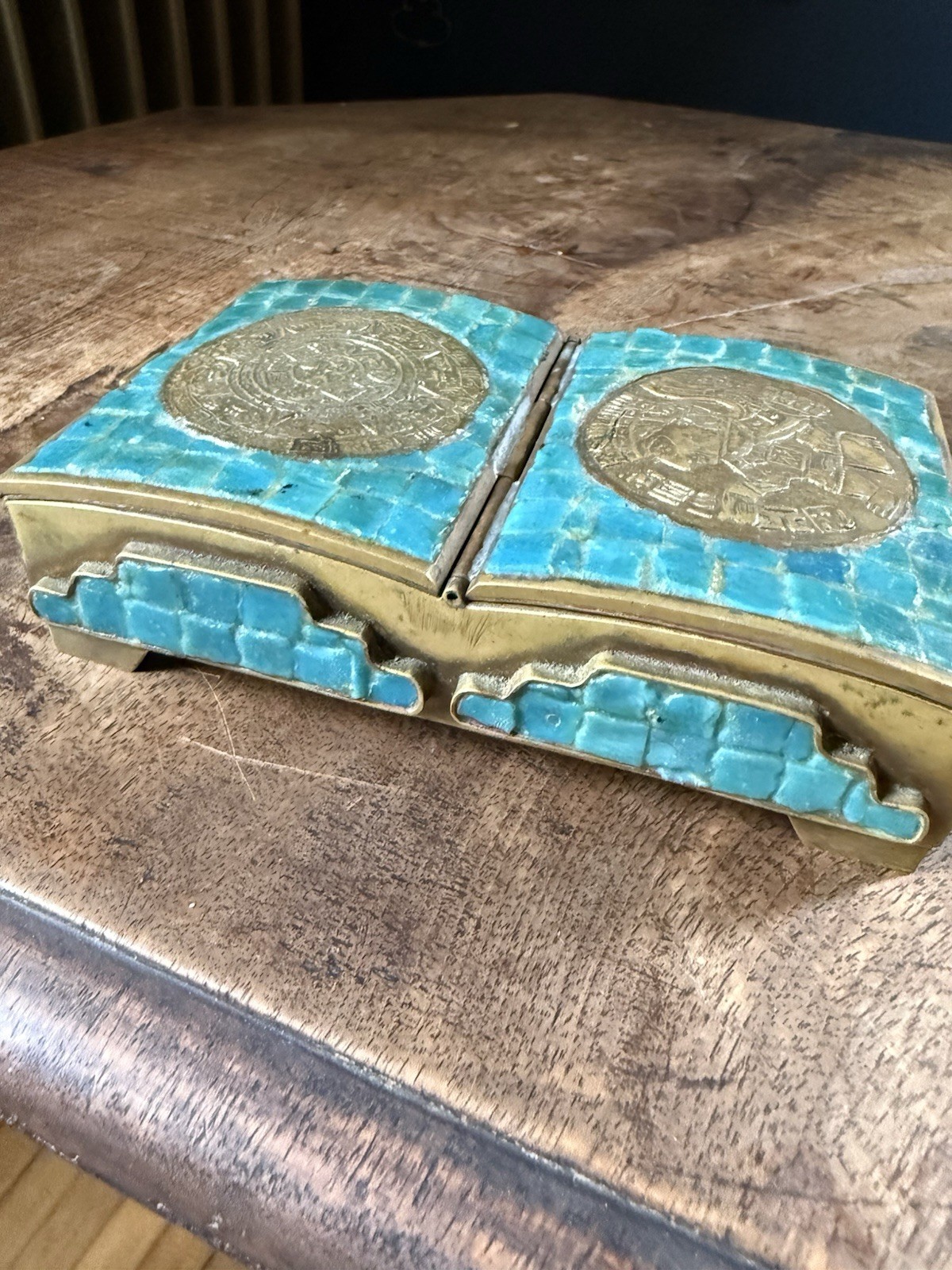 Vintage Mid Century Brass Mexican Mosaic Aztec Cigarette Box Dual Double Vintage Mid Century Brass Mexican Mosaic Aztec Cigarette Box Dual Double