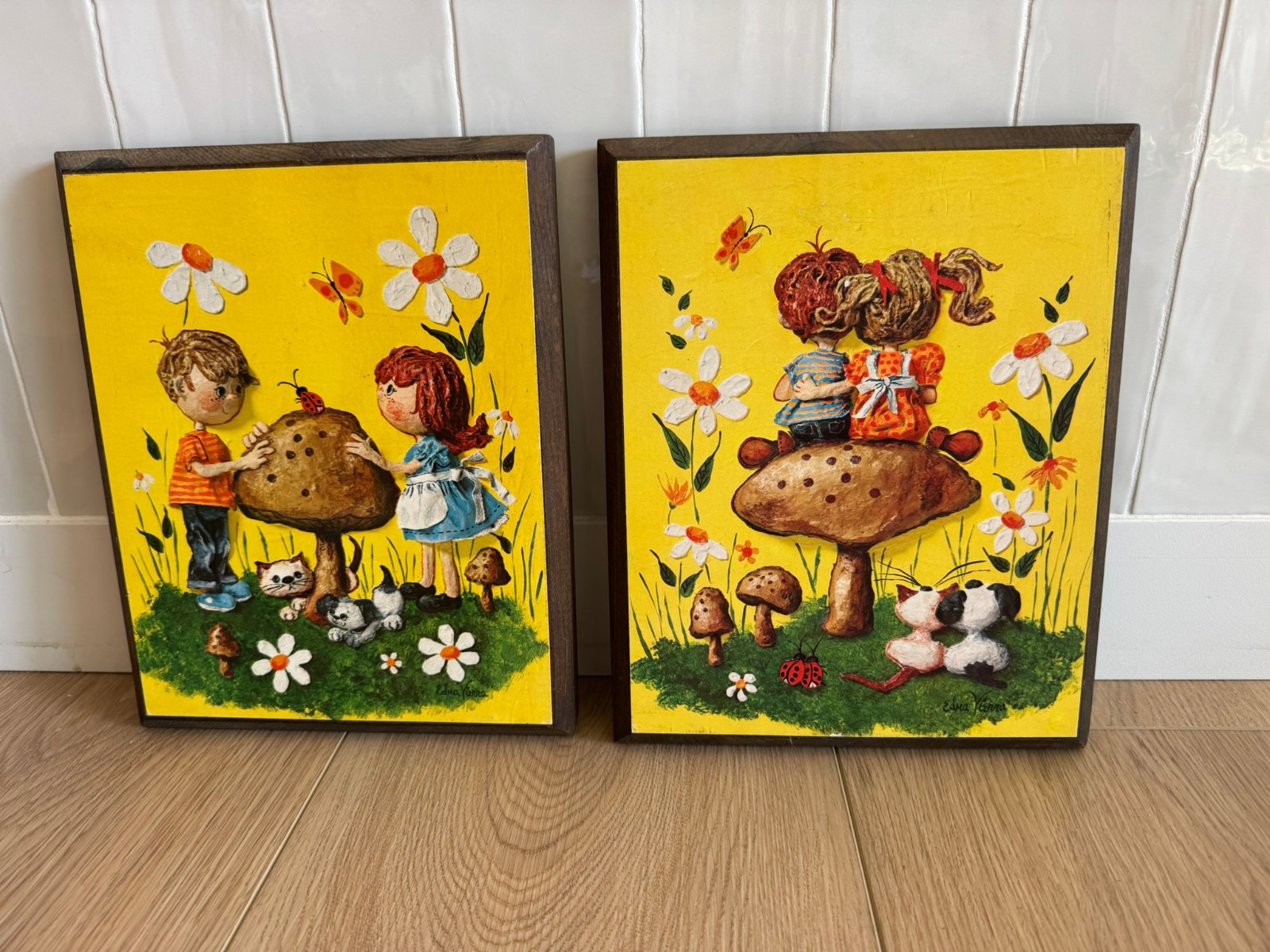 Vintage MCM Mid Century Edna Vierra Puppy Love Mushrooms Plaques (2) Art Vintage MCM Mid Century Edna Vierra Puppy Love Mushrooms Plaques (2) Art