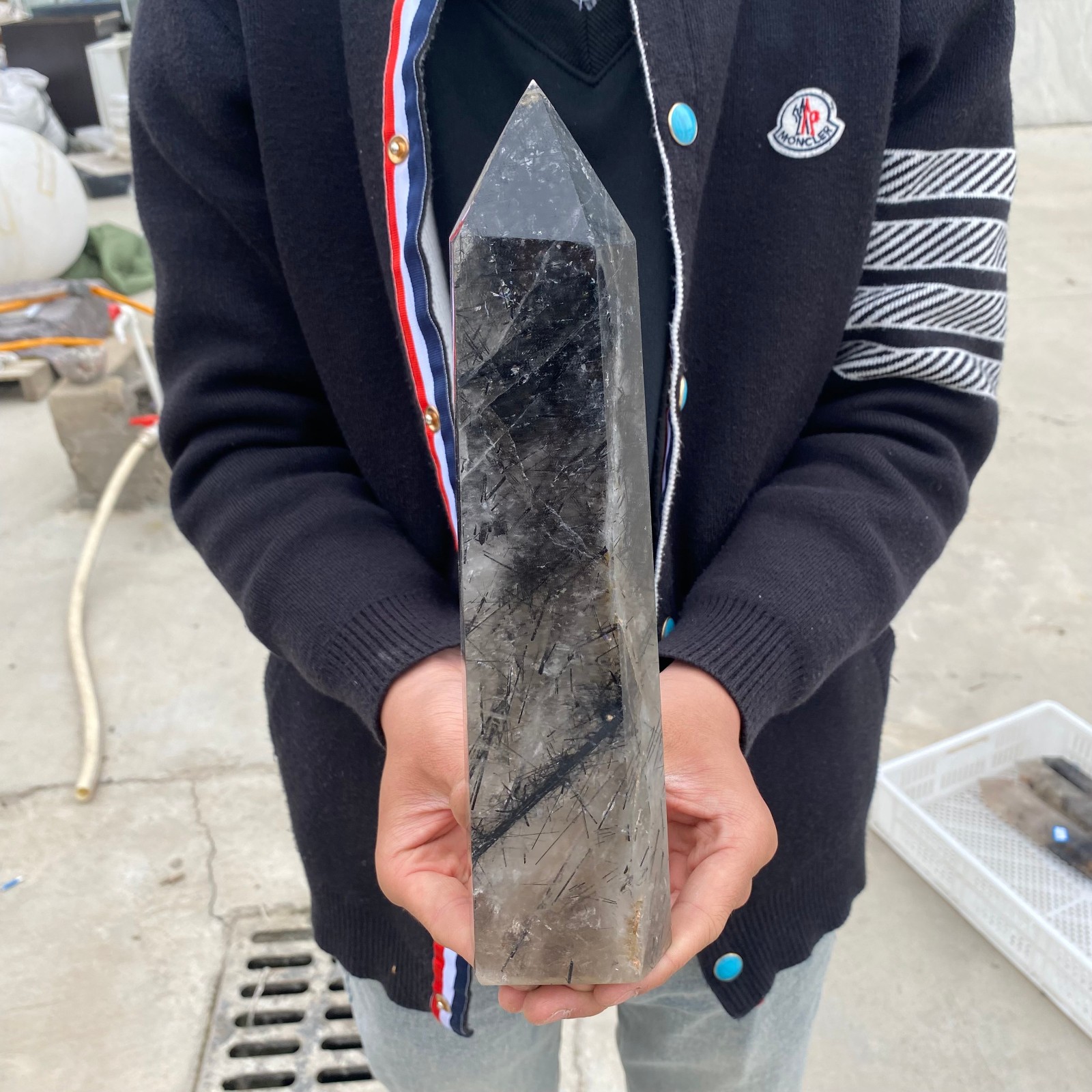 3.46LB  Natural black hair crystal, white crystal pillar, quartz crystal