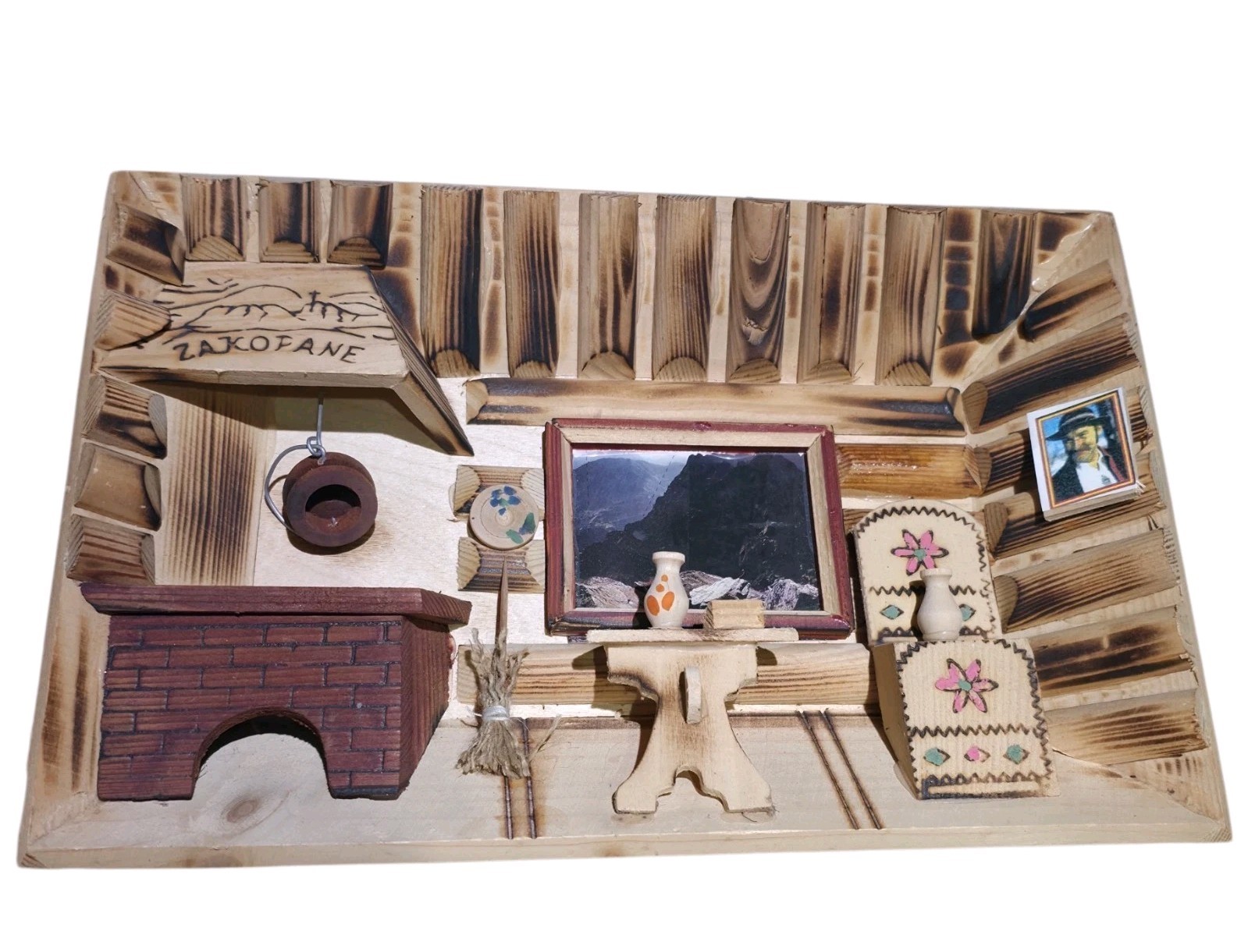Vintage Zakopane Polish Folk Art 3D Wooden Diorama Shadow Box Cabin Kitchen Room Vintage Zakopane Polish Folk Art 3D Wooden Diorama Shadow Box Cabin Kitchen Room