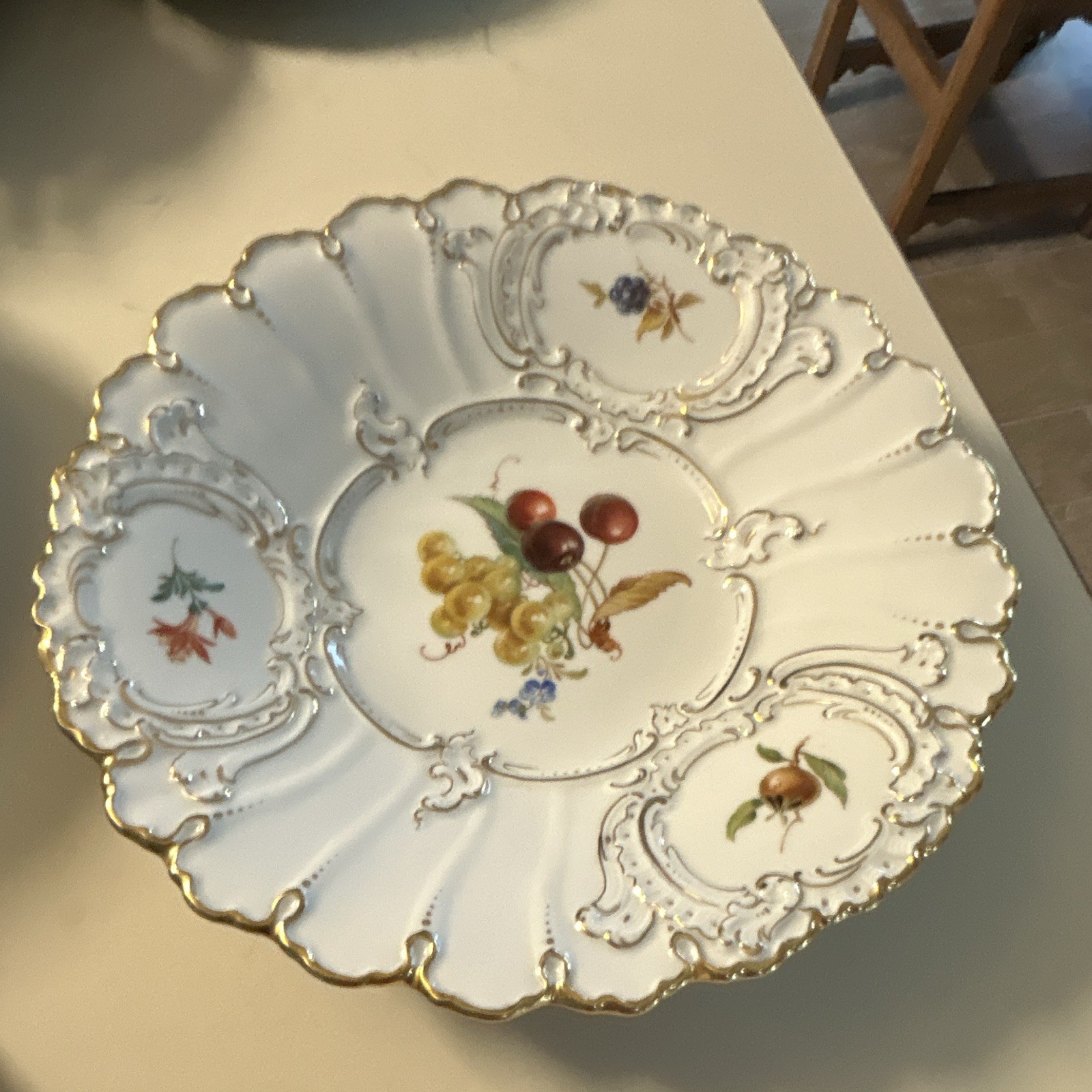 Antique Meissen Porcelain Plate, Hand Painted Fruit & Floral, Gold Trim Antique Meissen Porcelain Plate, Hand Painted Fruit & Floral, Gold Trim