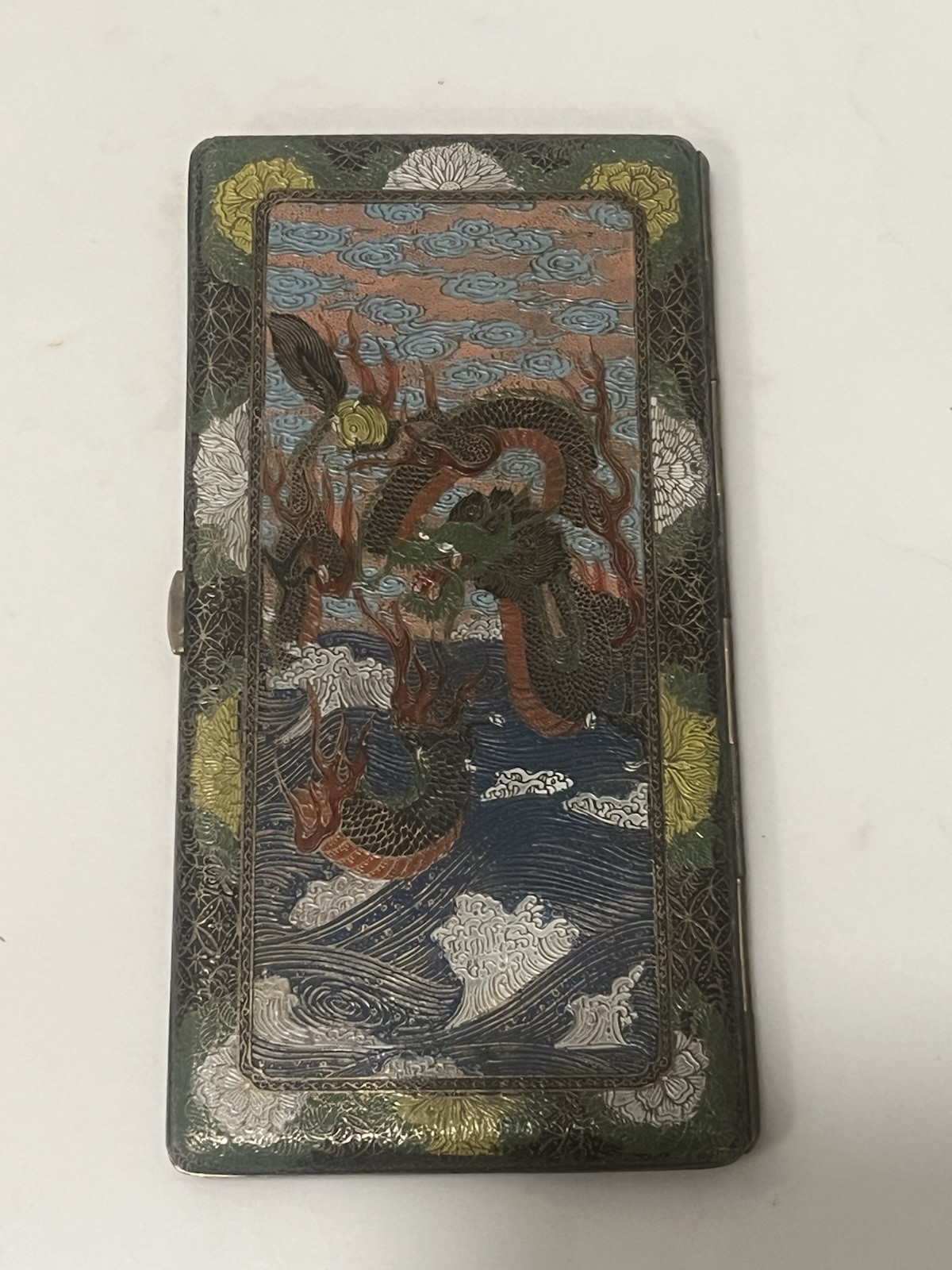 Vintage Antique Cloisonné Enameled Cigarette Case 6” x 3” Dragons Chinese Scene Vintage Antique Cloisonné Enameled Cigarette Case 6” x 3” Dragons Chinese Scene