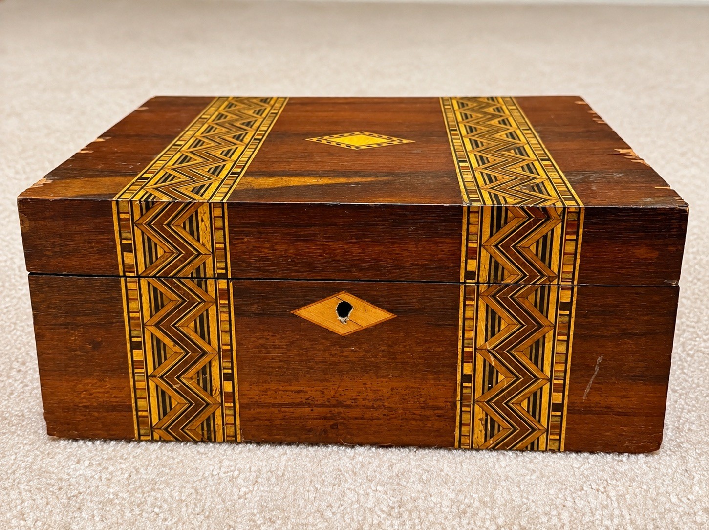 Antique 19thC Victorian Tunbridge Ware Wood Glove Box Parquetry Lilian Holmes