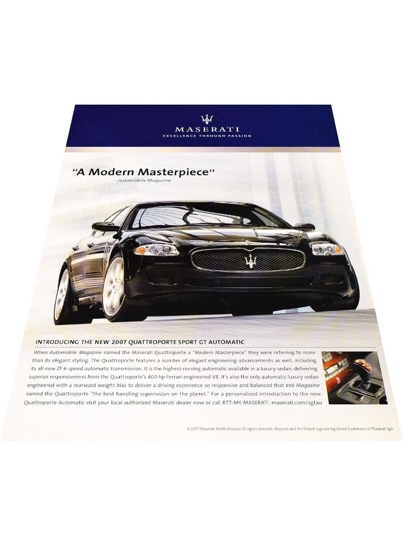 2007 Maserati Quattroporte - Masterpiece Vintage Advertisement Car Print Ad J412