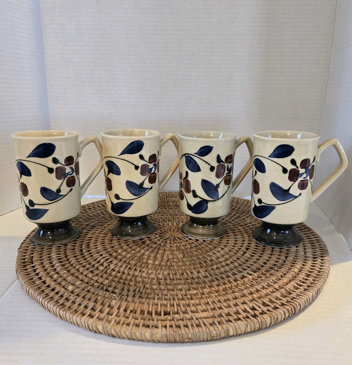 Vtg Otigari Mugs Cups Coffee Tea Set Of 4 Footed Pedestal Brown Blue Floral MCM Vtg Otigari Mugs Cups Coffee Tea Set Of 4 Footed Pedestal Brown Blue Floral MCM