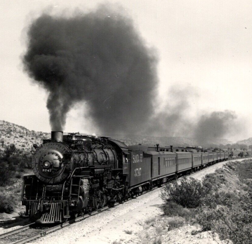 c1946 RPPC Santa Fe 3747 Steam Train Smokestacks VICTORVILLE California Postcard