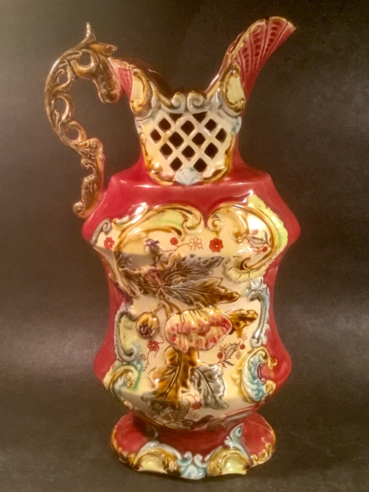 Large Antique Majolica Bohemian Ornamental Ewer Vase Facing Right Large Antique Majolica Bohemian Ornamental Ewer Vase Facing Right
