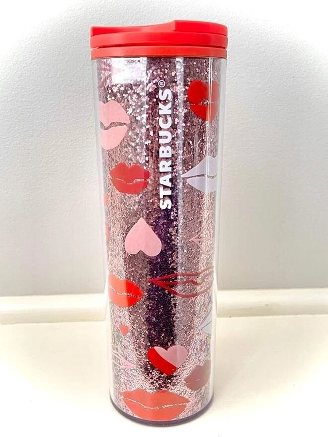 Starbucks Valentine's Day Red Lips Pink Hearts with Glitter Insulated Tumbler