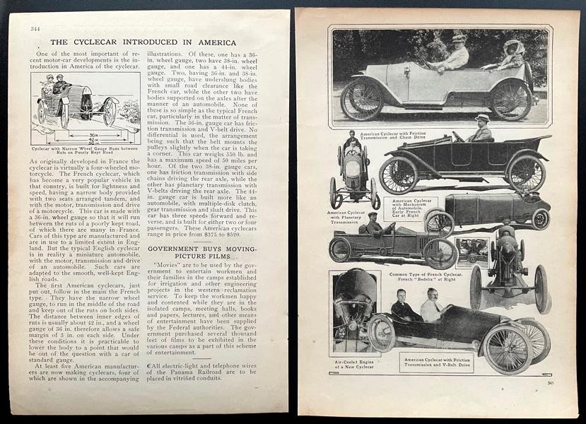 “The Cyclecar Introduced in America” 1913 pictorial Woods~Cricket~Trumbull~Imp+