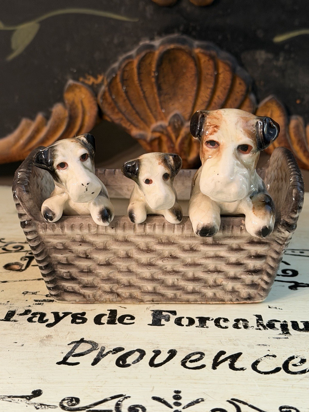 VTG Napco Japan 3 Terrier Pups Peering Out of a Basket Small Ceramic Planter