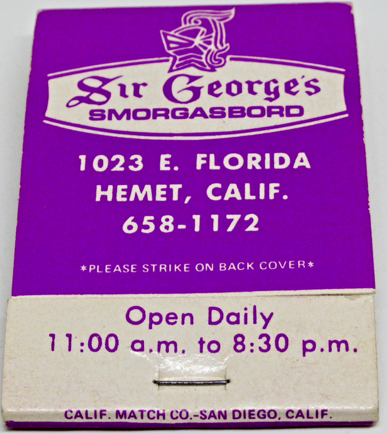 Sir George\'s Smorgasbord Restaurant San Diego HEMET California FULL Matchbook Sir George\'s Smorgasbord Restaurant San Diego HEMET California FULL Matchbook
