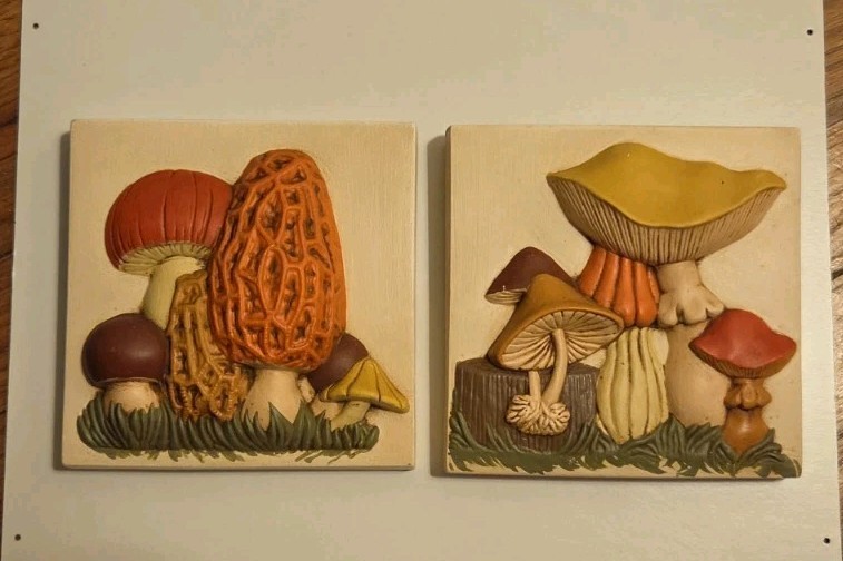 Vintage 1970's Retro Set of 2 Raised 3D Mushroom Wall Decor Ceramic Plaques Vintage 1970's Retro Set of 2 Raised 3D Mushroom Wall Decor Ceramic Plaques