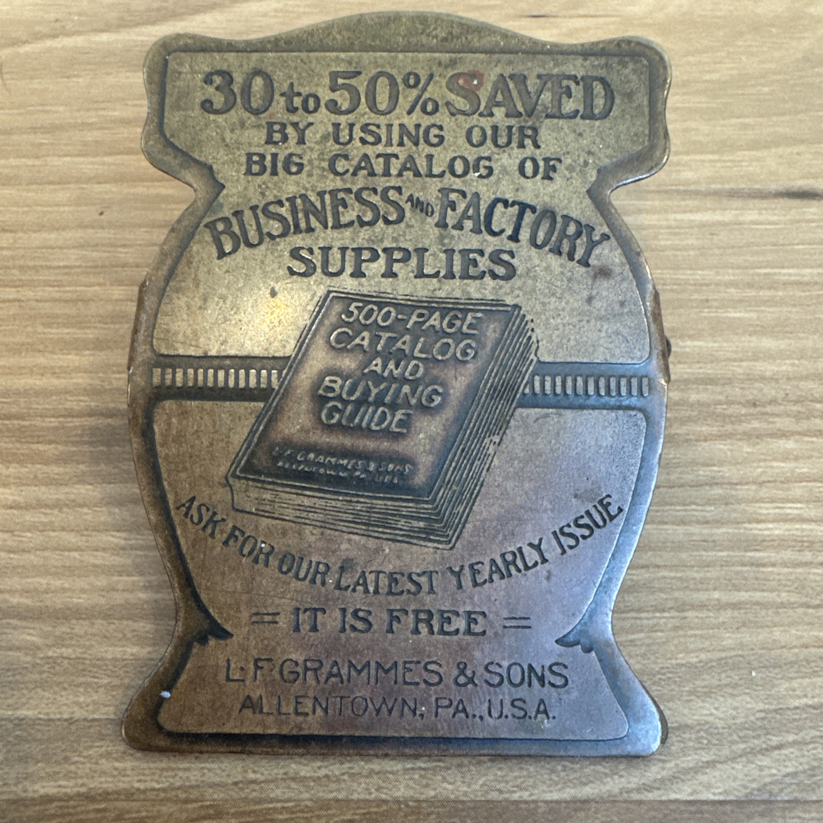 VINTAGE Brass L.F. Grammes & Sons (Allentown, PA) Antique Clip Advertising 1900s VINTAGE Brass L.F. Grammes & Sons (Allentown, PA) Antique Clip Advertising 1900s