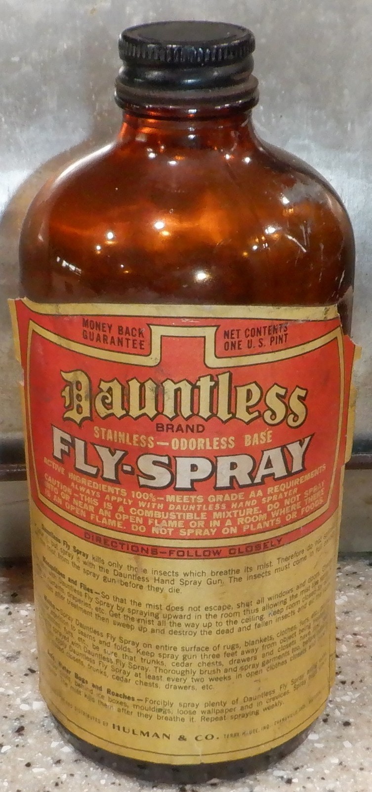 RARE Vintage DAUNTLESS Fly Spray Advertising Glass Bottle Hulman Co Terre Haute
