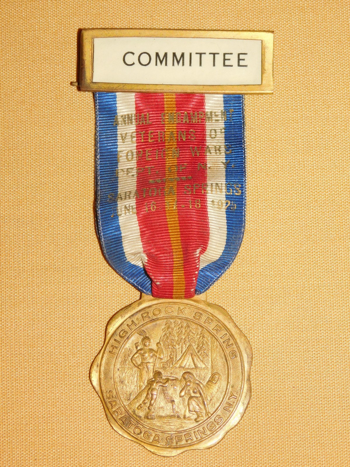 VINTAGE 1925 VFW HIGH ROCK SPRING SARATOGA SPRINGS NY MEDAL & RIBBON PIN VINTAGE 1925 VFW HIGH ROCK SPRING SARATOGA SPRINGS NY MEDAL & RIBBON PIN