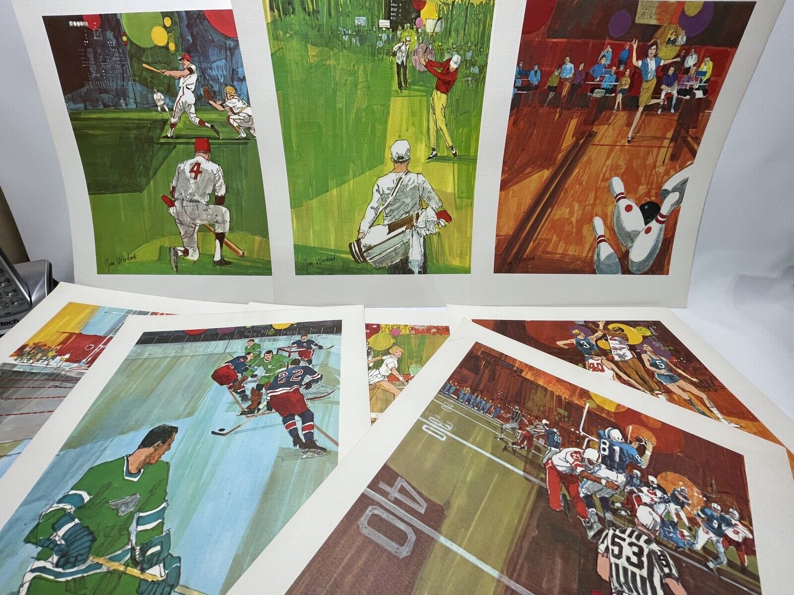 Jim Woodend Set of 7 Vntg Sport Prints Golf Swim Baseball Football Hockey & More