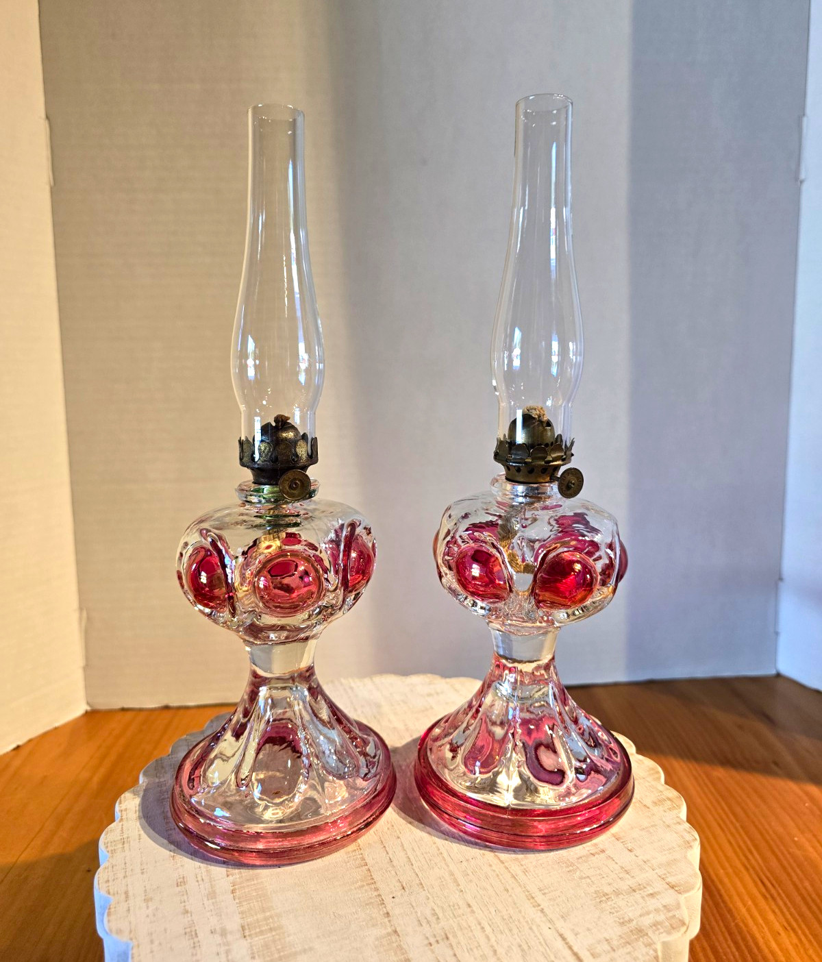 Pair of Vintage Kings Crown Ruby Flash Miniature Oil Lamps-Tiffin Glass Bullseye Pair of Vintage Kings Crown Ruby Flash Miniature Oil Lamps-Tiffin Glass Bullseye