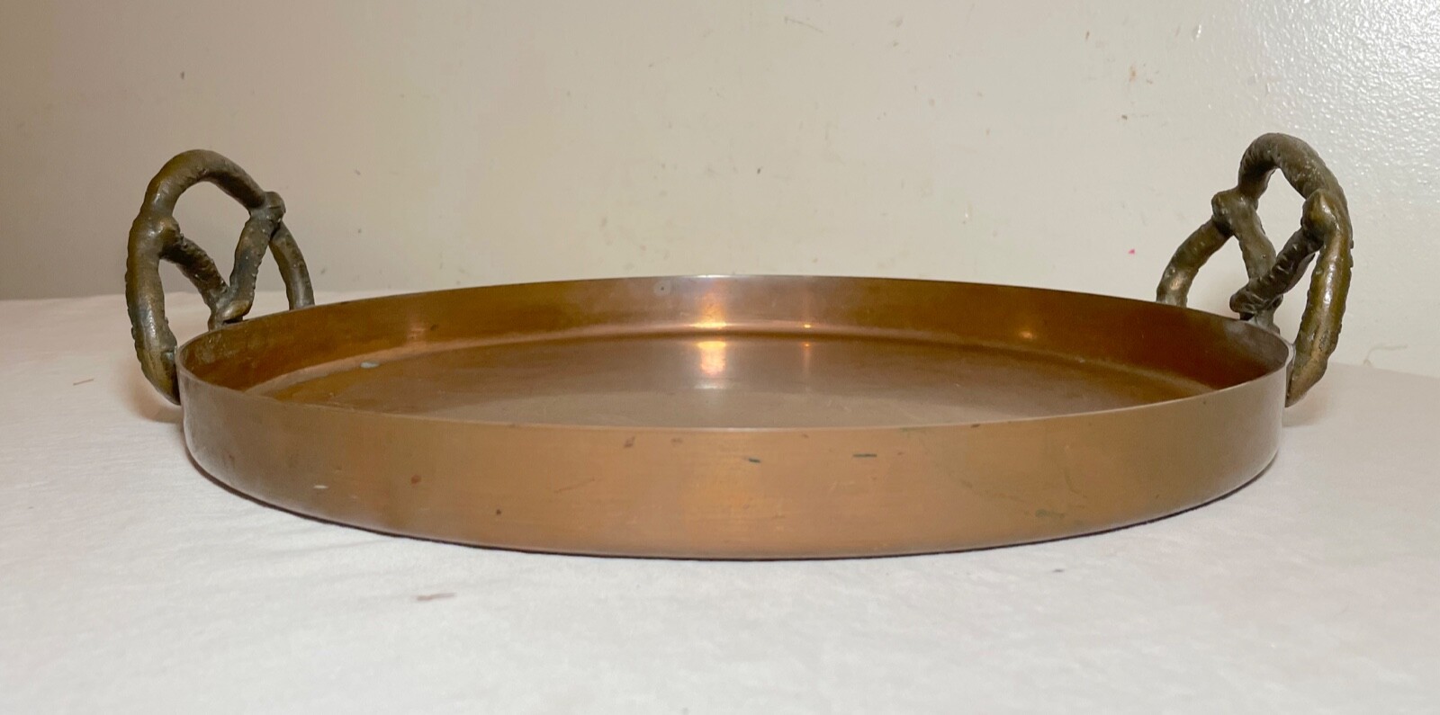 vintage thick copper brass pretzel handle circular centerpiece serving platter vintage thick copper brass pretzel handle circular centerpiece serving platter