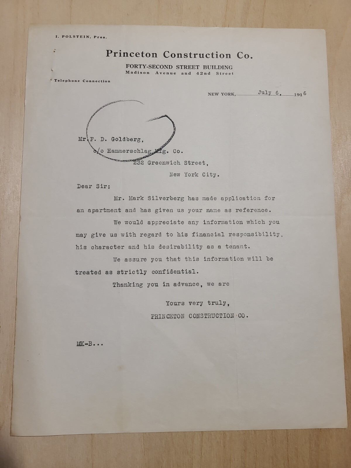 1916 Document, Princeton Construction Co. NY (info about Mark Silverberg) *7 1916 Document, Princeton Construction Co. NY (info about Mark Silverberg) *7