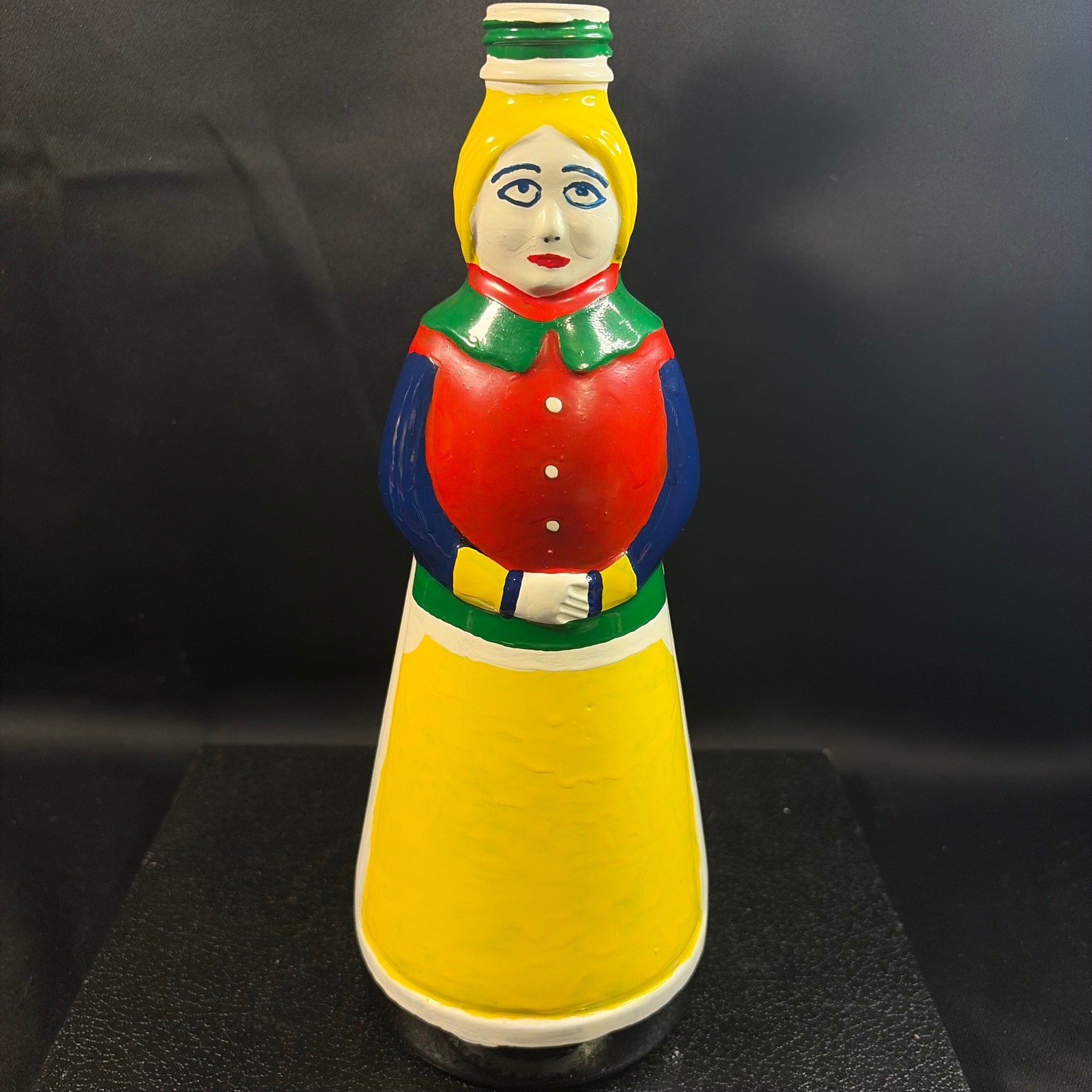 Vintage Hand Painted Folk Art Woman Glass Bottle Figurine Primary Yellow 10