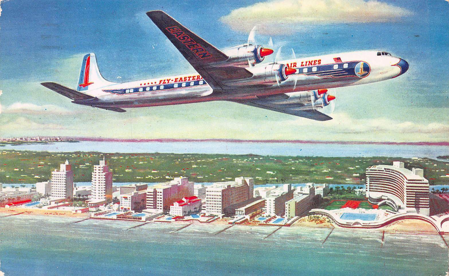 Eastern Air Lines Falcon, DC-7B, Circa 1950's Postcard, Unused
