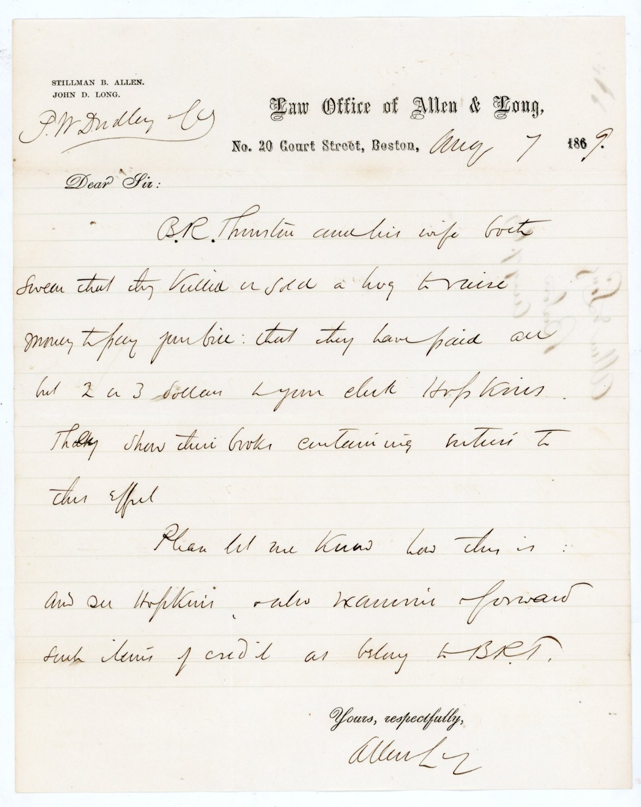 1869 Handwritten Letterhead Signed Allen & Long Law Firm Boston Massachusetts 1869 Handwritten Letterhead Signed Allen & Long Law Firm Boston Massachusetts