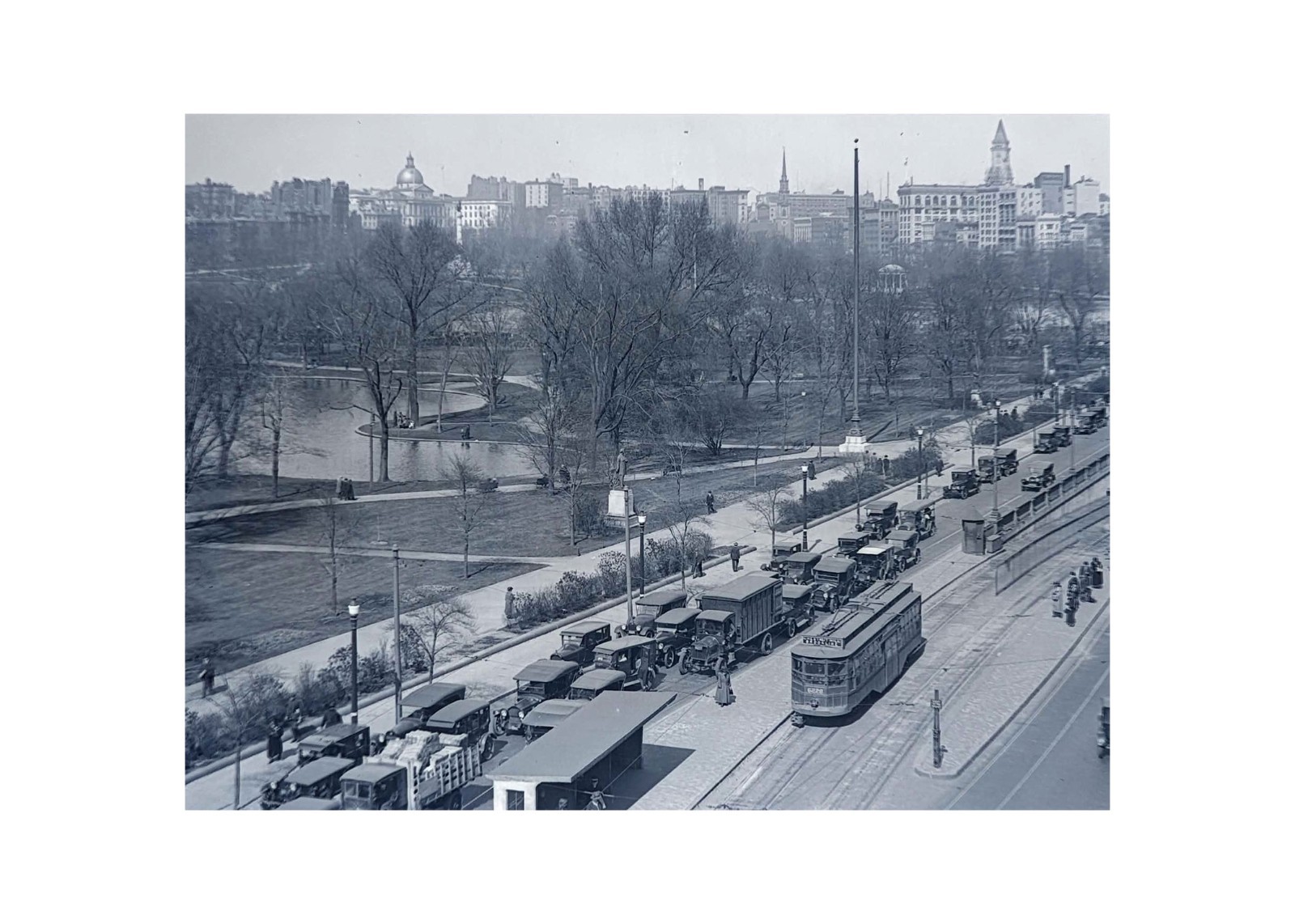 Orig 1920s Boston Glass Plate Negative: Boylston St Streetcar Boston Common Pond