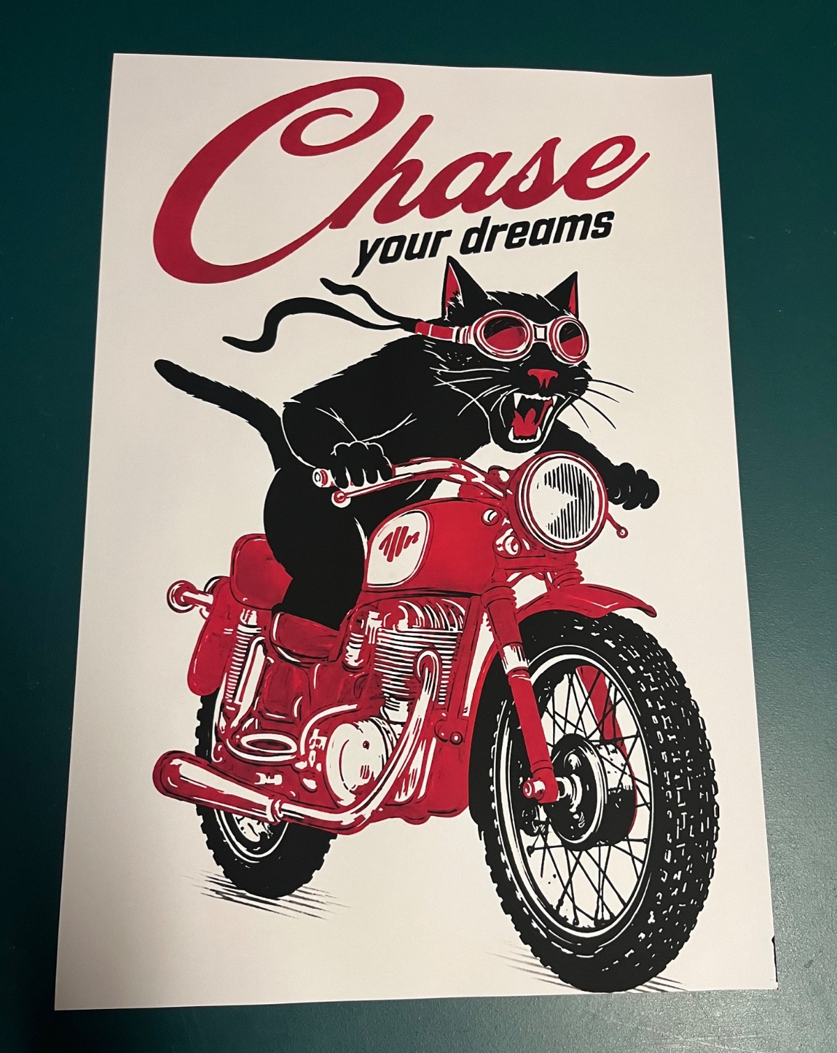 Black Cat Motorcycle Poster 13x19 – Chase Your Dreams Funny Vintage Biker Garage