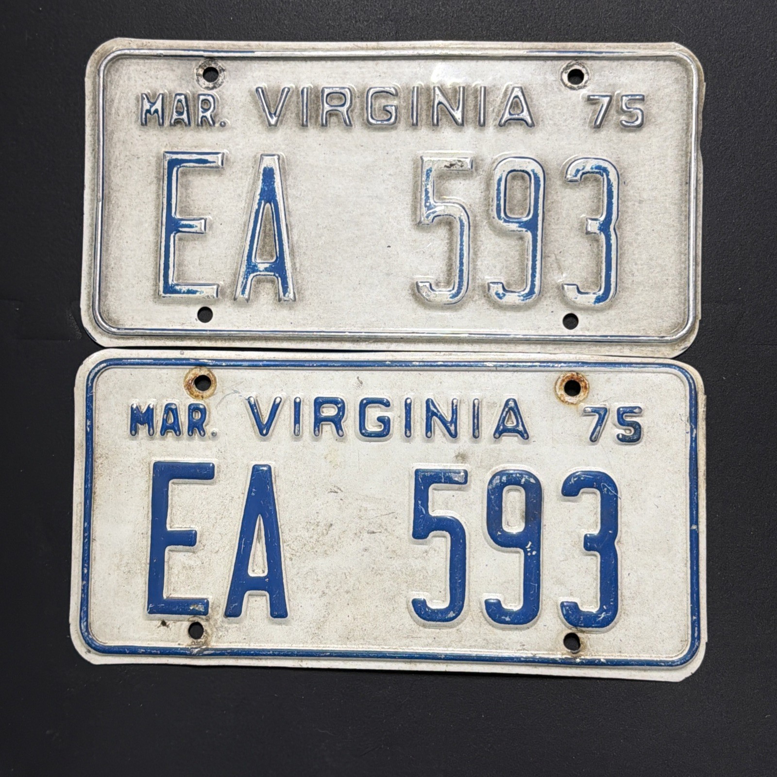 Vintage 75 VA License Plate 1975 Virginia PAIR (EA 593) Vintage 75 VA License Plate 1975 Virginia PAIR (EA 593)
