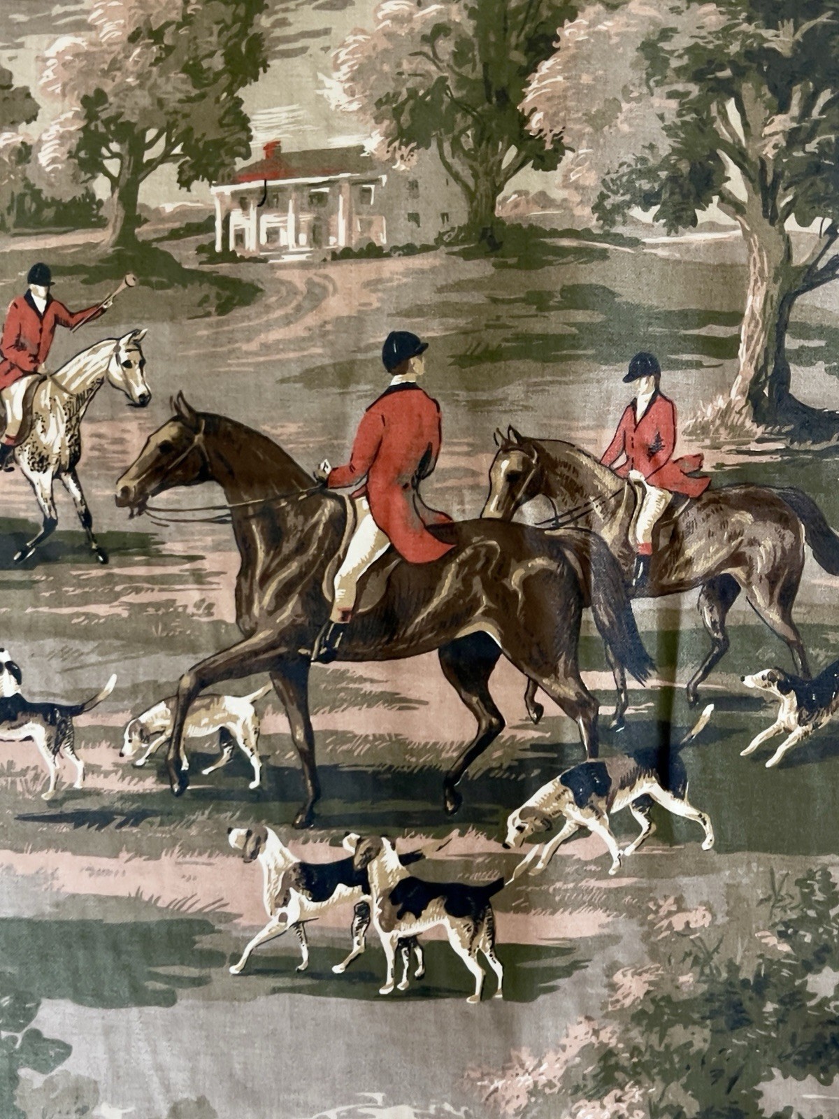 1 of 15 YD VTG 5TH AVE EQUESTRIAN HORSE HOUND FOX HUNT COTTON DECOR FABRIC 1988