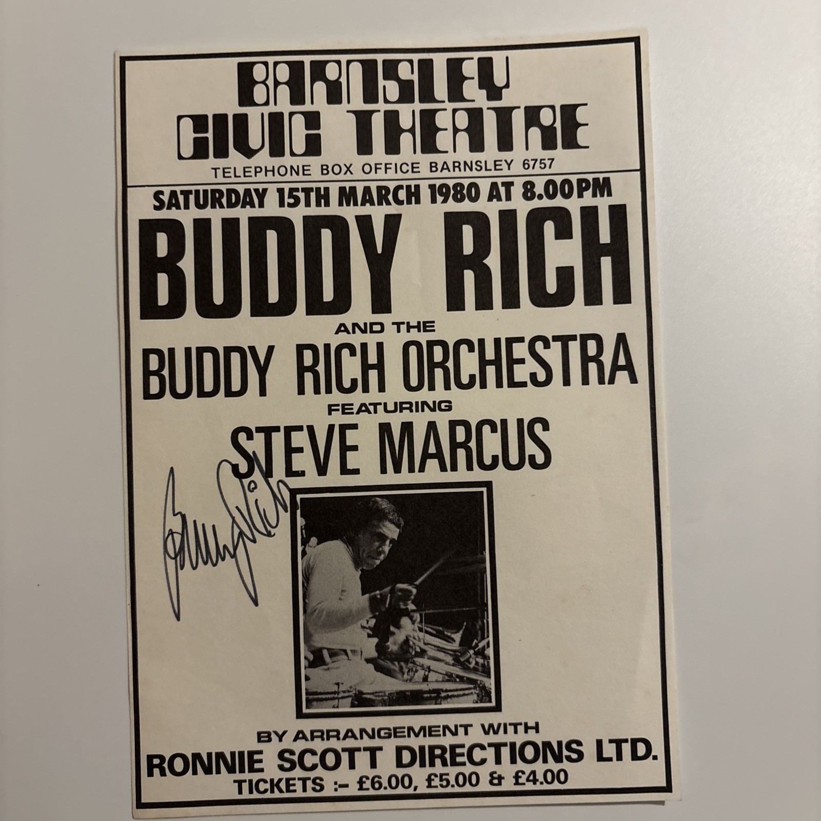 Buddy Rich Hand Signed Original A5 Poster Flyer 1980 Barnsley Civic Theatre