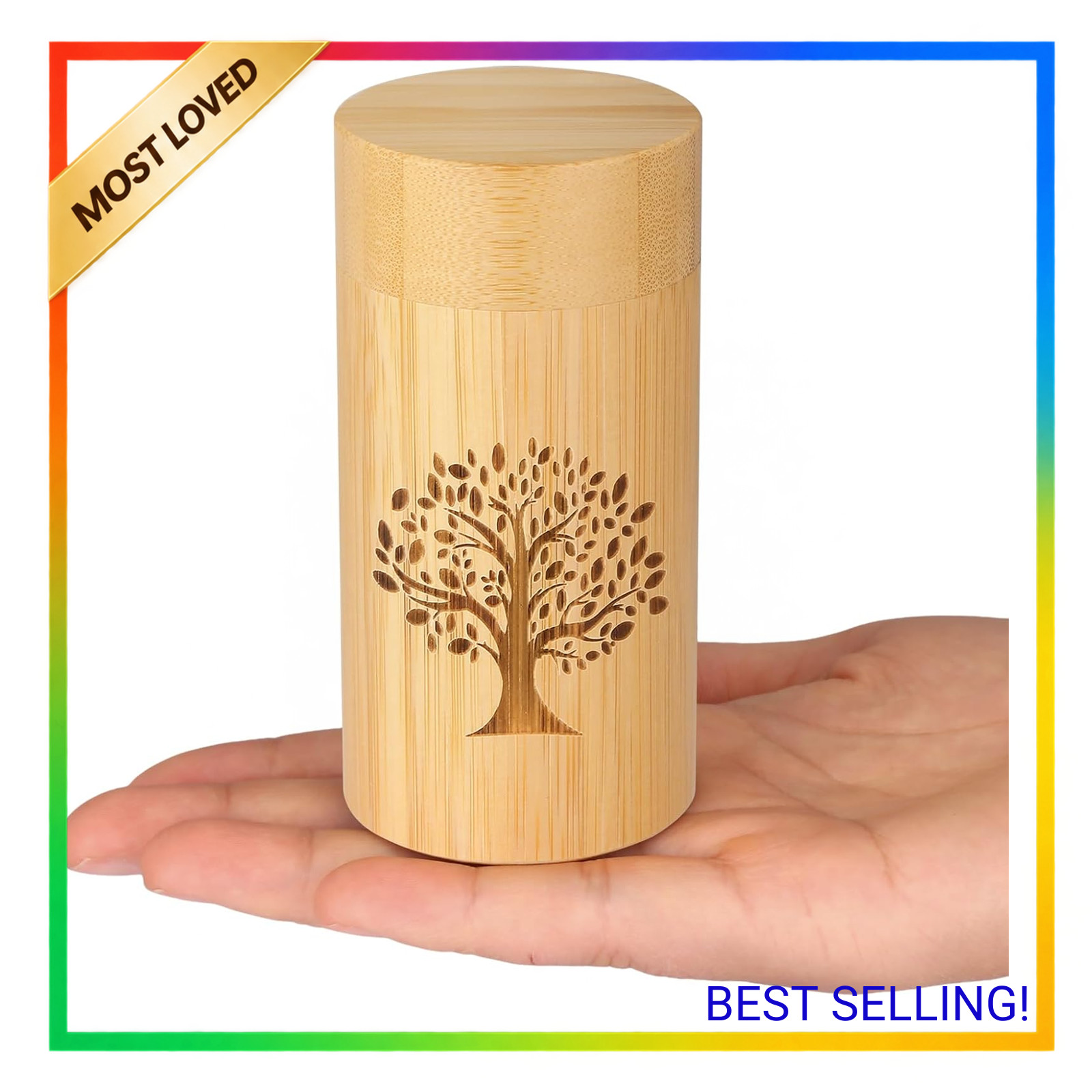 Small Bamboo Urn for Human Ashes Keepsake with Tree of Life Pattern, 7.5 Cubic
