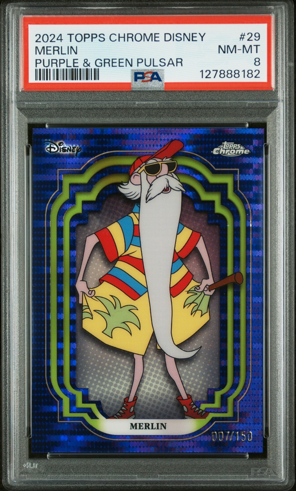 2024 Topps Chrome Disney #29 Merlin Purple & Green Pulsar PSA 8