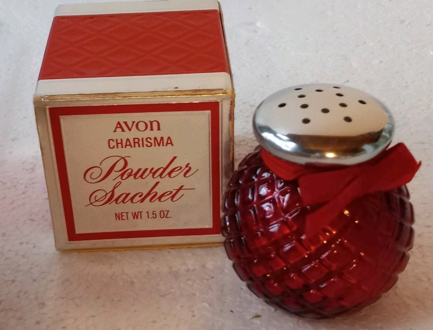 New In Box Avon CHARISMA Powder Sachet/Ruby Red Patterned Glass Jar #A-C. IA#5 New In Box Avon CHARISMA Powder Sachet/Ruby Red Patterned Glass Jar #A-C. IA#5
