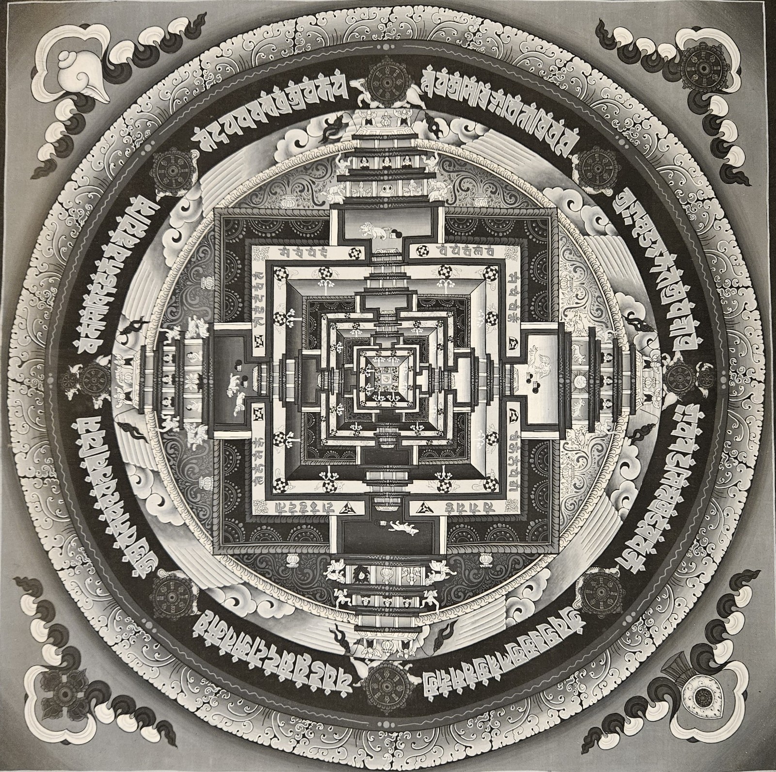 11. Black and White Kalachakra Mandala Thangka with Brocade