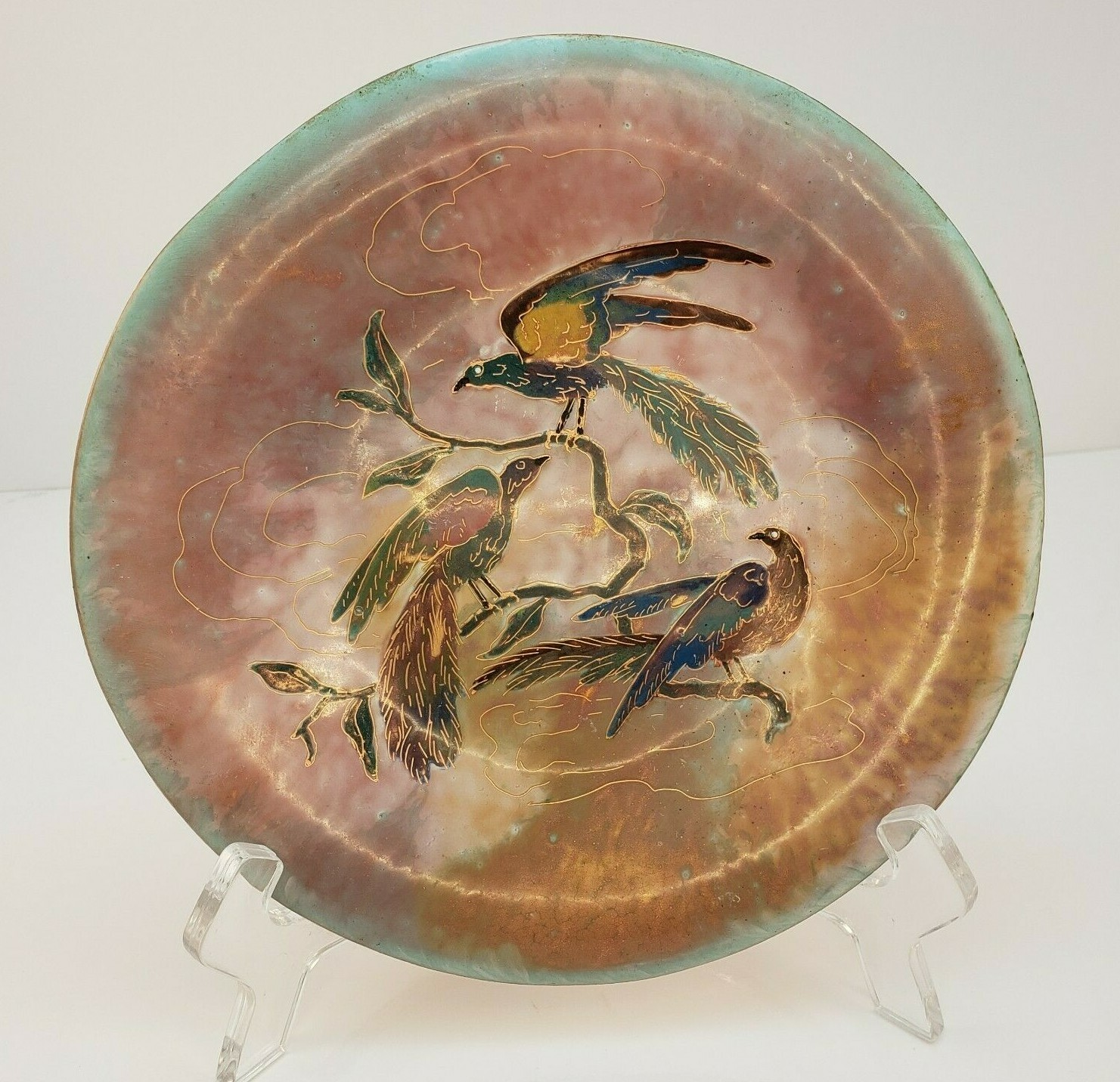 Enameled Copper Plate De Kern Holland Birds Handpainted
