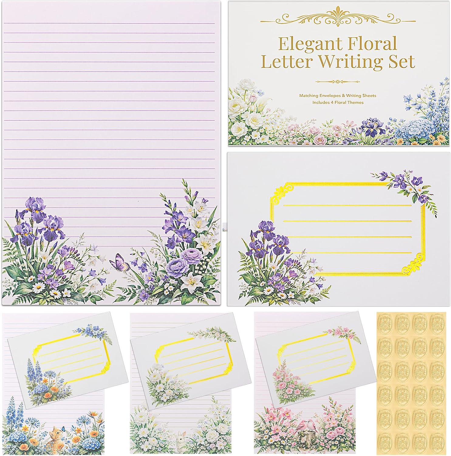 Elegant Floral Stationary Set Letter and Envelopes with 4 Unique Designs, Lined Elegant Floral Stationary Set Letter and Envelopes with 4 Unique Designs, Lined