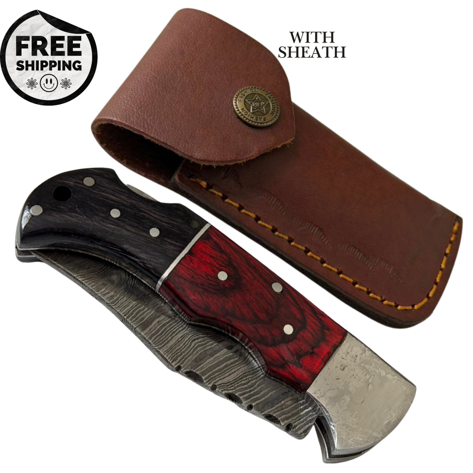 Handcrafted Damascus Steel Folding Pocket Knife Red Wood Handle EDC Sheath Gift