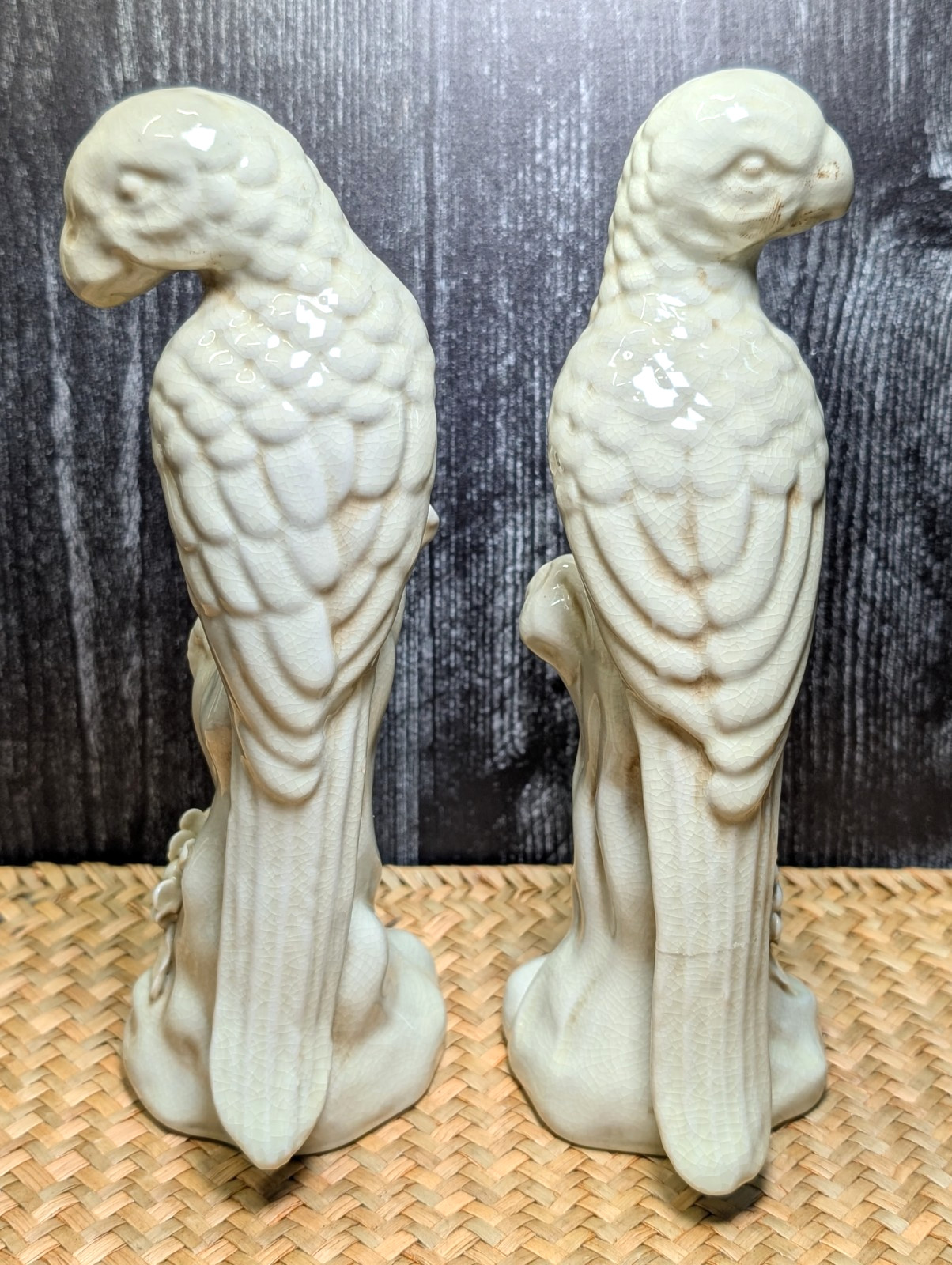 Vintage Pair Chinoiserie Ceramic Parrot Figurines, Cream Crackle Glaze, 8.5 In
